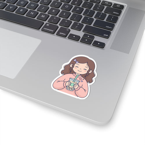Kawaii Girl Drinking Bubble Tea Sticker — Cute Kiss-Cut Laptop Decal