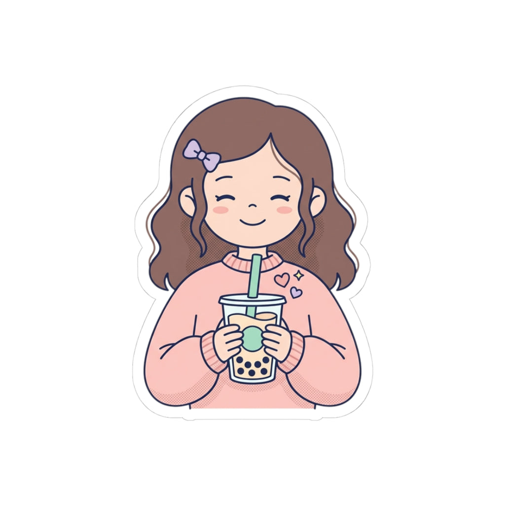 Kawaii Girl Drinking Bubble Tea Sticker — Cute Kiss-Cut Laptop Decal