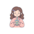 Kawaii Girl Drinking Bubble Tea Sticker — Cute Kiss-Cut Laptop Decal